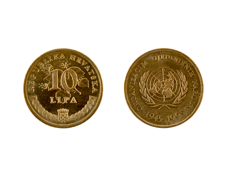 10 Lipa coin isolated on white background. The kuna is the currency of Croatia.It is subdivided into 100 lipa. Commemorative coin.の写真素材