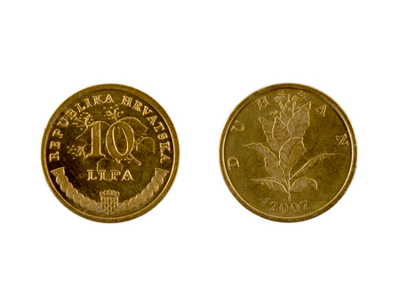 10 Lipa coin isolated on white background. The kuna is the currency of Croatia.It is subdivided into 100 lipa. Inscriptions on croatian.の写真素材