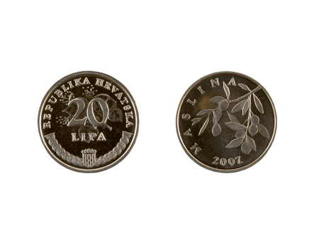 20 Lipa coin isolated on white background. The kuna is the currency of Croatia.It is subdivided into 100 lipa. Inscriptions on croatian.の写真素材