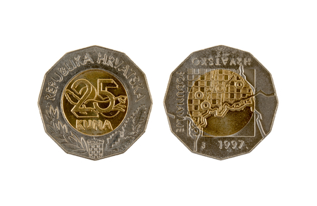 25 Kuna coin isolated on white background. The kuna is the currency of Croatia.It is subdivided into 100 lipa. Commemorative coin.の写真素材