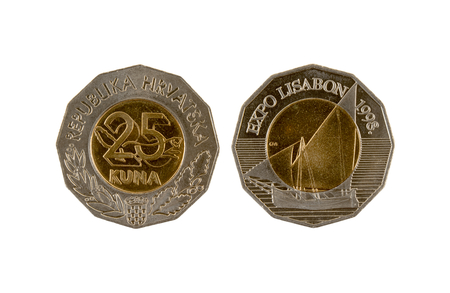 25 Kuna coin isolated on white background. The kuna is the currency of Croatia.It is subdivided into 100 lipa. Commemorative coin.の写真素材