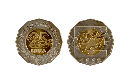 25 Kuna coin isolated on white background. The kuna is the currency of Croatia.It is subdivided into 100 lipa. Commemorative coin.の写真素材