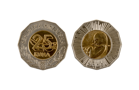 25 Kuna coin isolated on white background. The kuna is the currency of Croatia.It is subdivided into 100 lipa. Commemorative coin.の写真素材