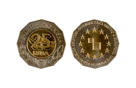 25 Kuna coin isolated on white background. The kuna is the currency of Croatia.It is subdivided into 100 lipa. Commemorative coin.の写真素材