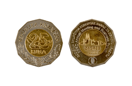 25 Kuna coin isolated on white background. The kuna is the currency of Croatia.It is subdivided into 100 lipa. Commemorative coin.の写真素材
