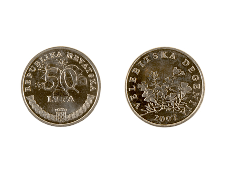 50 Lipa coin isolated on white background. The kuna is the currency of Croatia.It is subdivided into 100 lipa. Inscriptions on croatian.の写真素材
