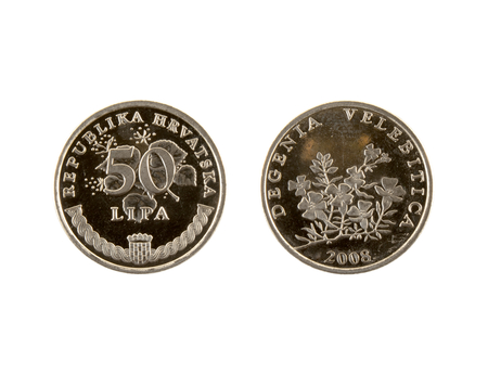 50 Lipa coin isolated on white background. The kuna is the currency of Croatia.It is subdivided into 100 lipa. Inscriptions on latin.の写真素材