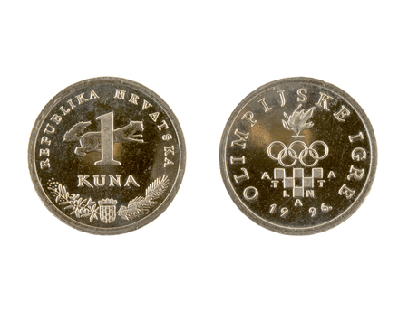 1 Kuna coin isolated on white background. The kuna is the currency of Croatia.It is subdivided into 100 lipa. Commemorative coin.の写真素材
