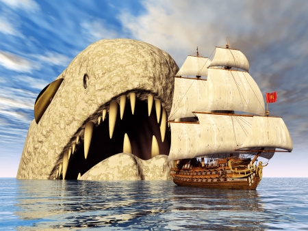 Sea Monster with Sailing Shipの写真素材