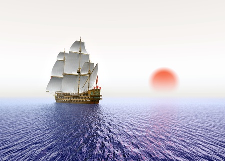 Sailing Ship with red Sunの写真素材