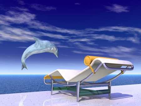 Holiday Impression with Jumping Dolphin and Deck Chairの写真素材