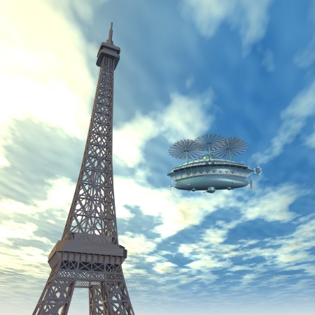 Eiffel Tower with Fantasy Airshipの写真素材