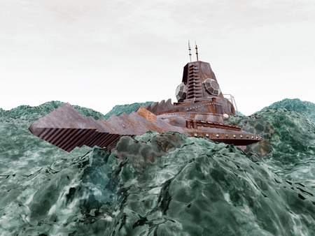 Fantasy Submarine in the stormy oceanの写真素材