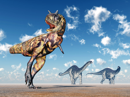The Dinosaurs Carnotaurus and Apatosaurusの写真素材