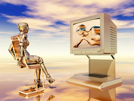 Female robot watching TVの写真素材