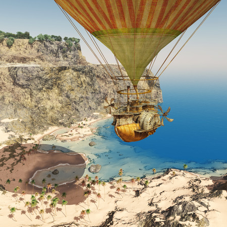 Fantasy hot air balloon over a landscapeの写真素材