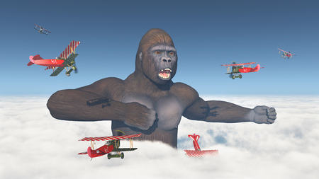 Biplanes attack a giant gorillaの写真素材