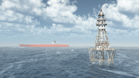 Lighthouse and cargo shipの写真素材