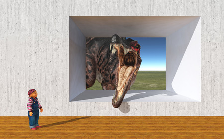 Child and the dinosaur Spinosaurus looking at opened concrete wallの写真素材