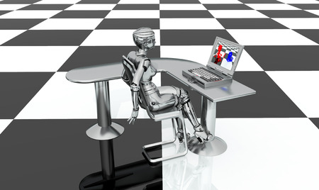 Female robot, desk and laptop on a checkerboard patternの写真素材