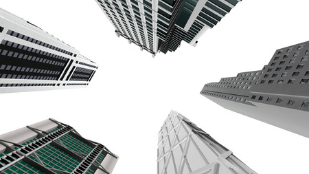 Bottom view of modern skyscrapers isolated on white backgroundの写真素材