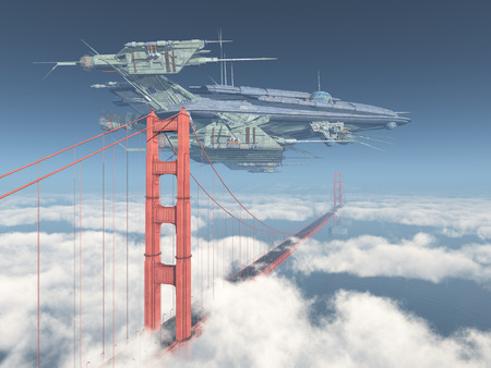 Golden Gate Bridge and huge spacecraftの写真素材