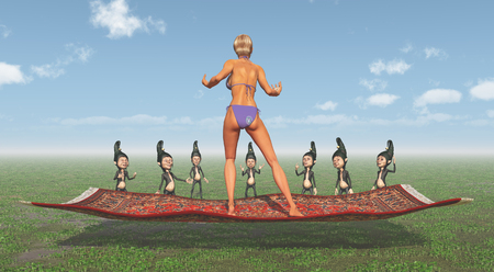 Attractive woman in bikini on a flying carpet and dwarfsの写真素材