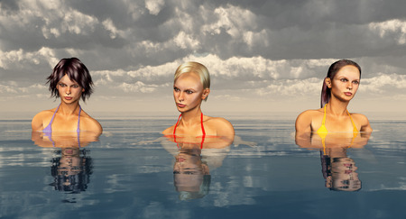 Sea bathing with attractive womenの写真素材