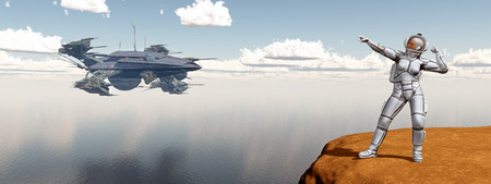 Female astronaut and spaceshipの写真素材