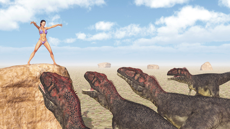 Female magician and dinosaursの写真素材
