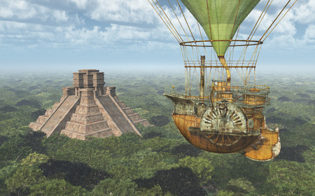 Mayan pyramid and fantasy hot air balloonの写真素材