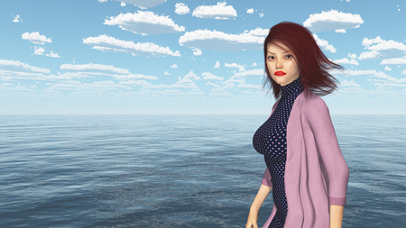 Attractive woman with blowing hair by the seaの写真素材