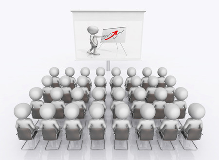 Business presentation with projection screen and 3D figuresの写真素材