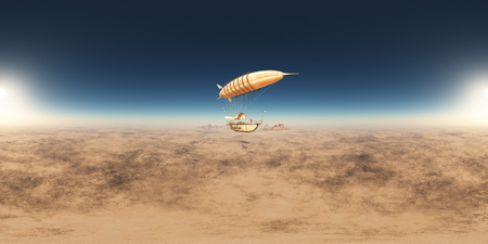 Spherical 360 degrees panorama with a fantasy airship over a desert landscapeの写真素材