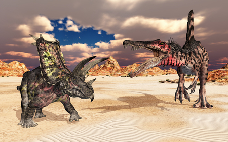The dinosaurs Pentaceratops and Spinosaurus in a landscapeの写真素材