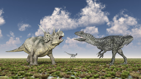 Diabloceratops and allosaurus in a landscapeの写真素材