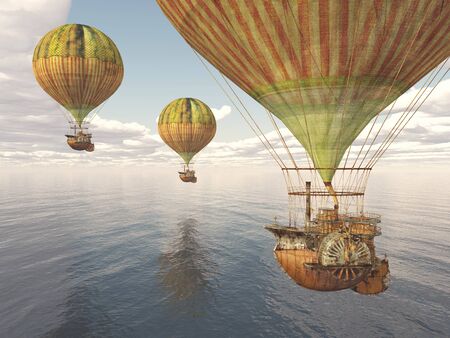 Fantasy hot air balloons over the seaの写真素材