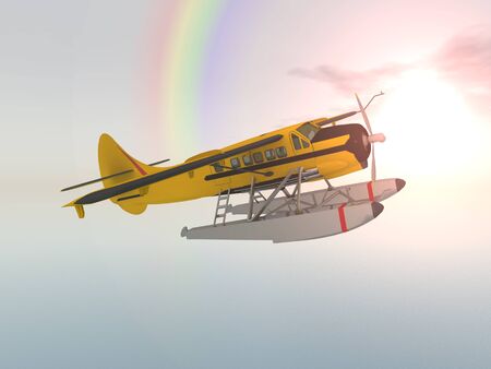 Single engine seaplane from the 1950s over the seaの写真素材