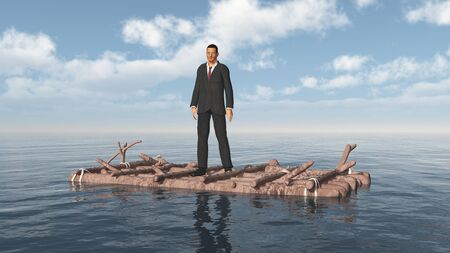 Business man on a raft in the open seaの写真素材