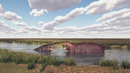 Crocodile and Hippopotamus in a river landscape