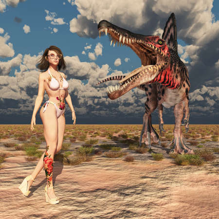 Attractive woman in bikini and dinosaur Spinosaurusの写真素材