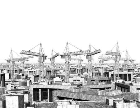 Construction cranes in a big city in black and whiteの写真素材