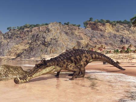 Prehistoric crocodile Kaprosuchus in a coastal landscapeの写真素材
