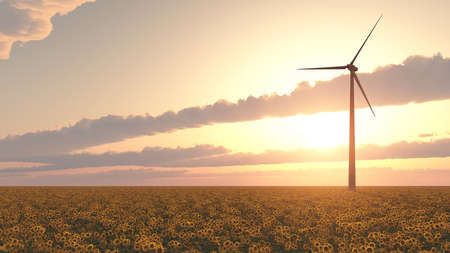 Wind turbine in a field of sunflowers at sunset