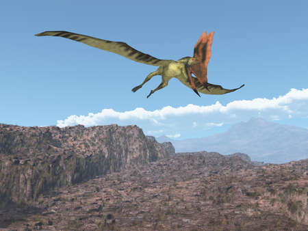 Pterosaur Thalassodromeus flying over a rocky landscapeの写真素材