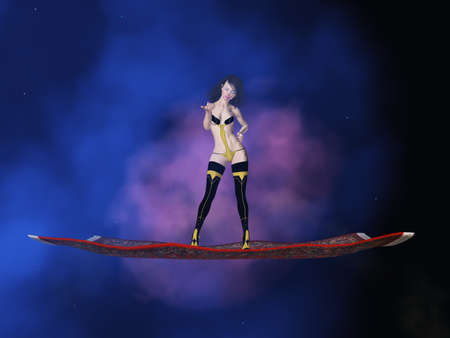 Attractive woman in futuristic clothes on a flying carpet in spaceの写真素材