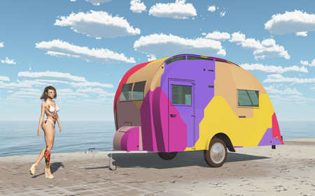 Attractive woman in bikini and vintage camper caravan by the seaの写真素材