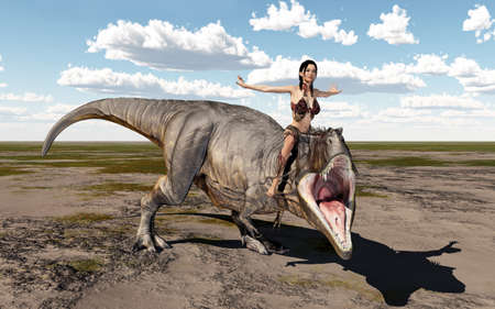 Woman rides on the dinosaur Tyrannosaurus Rex in a landscapeの写真素材