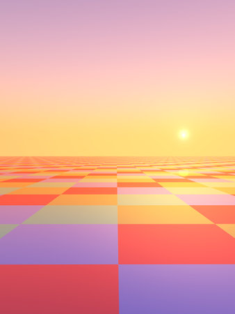 Sunset over a landscape with a checkered patternの写真素材