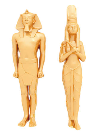 Two statues from ancient Egypt isolated on white backgroundの写真素材